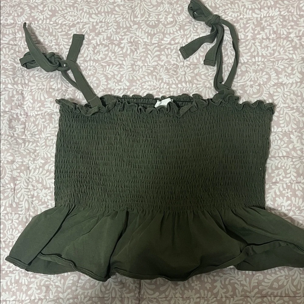 H&M Olive Green Smocked Ruffle Top - Picture 1 of 3